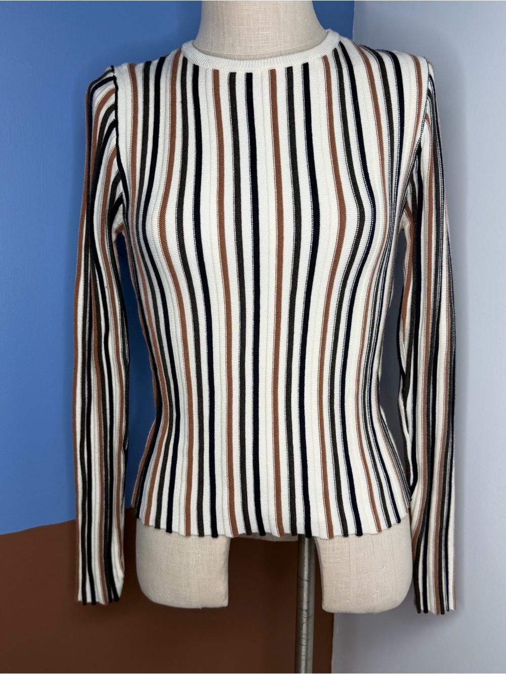 Sunday Edition Striped Crewneck Sweater Cream Brown Medium